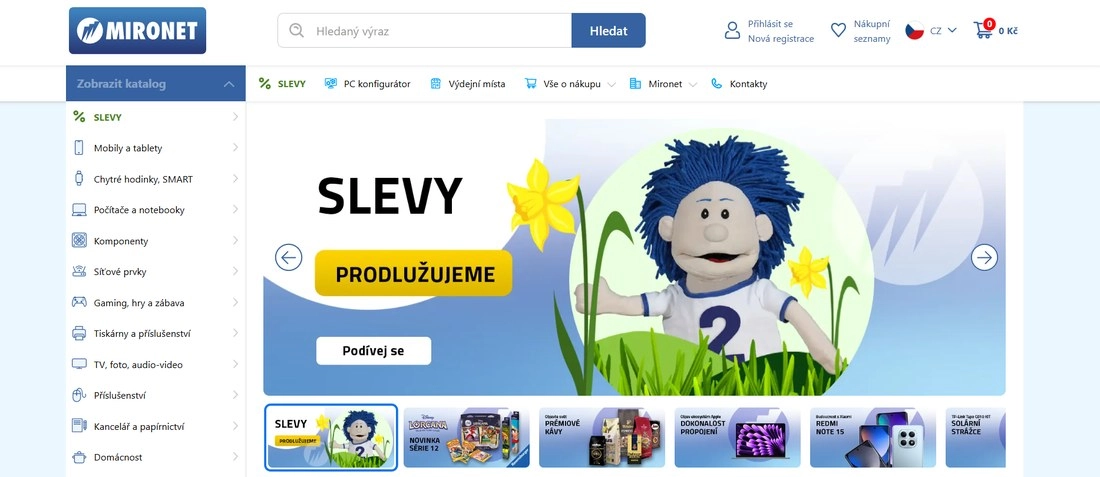 Stránka Mironetu s panáčkem s modrými vlasy a jarními květy