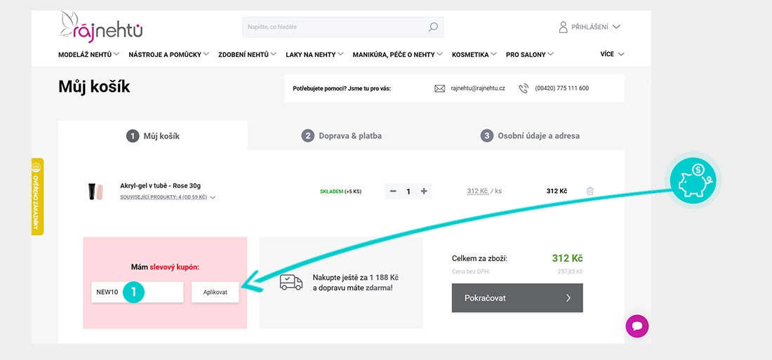 Návod jak uplatnit slevový kód v košíku e-shopu Ráj Nehtů