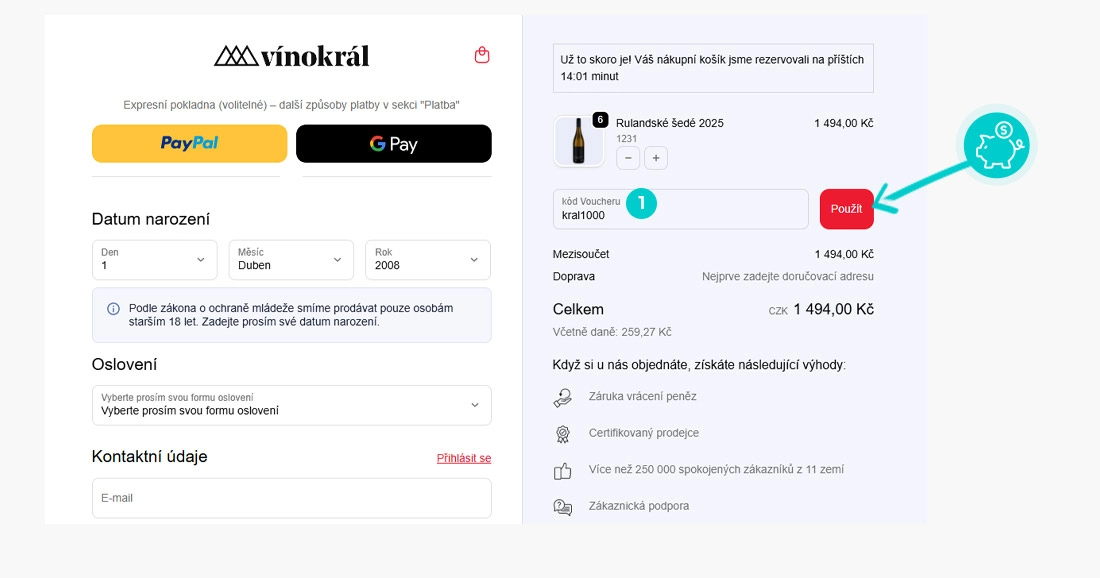 Návod jak uplatnit slevový kód v košíku e-shopu Vínokrál