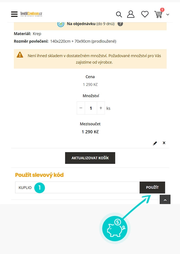 Návod jak uplatnit slevový kód v košíku e-shopu TextilCentrum