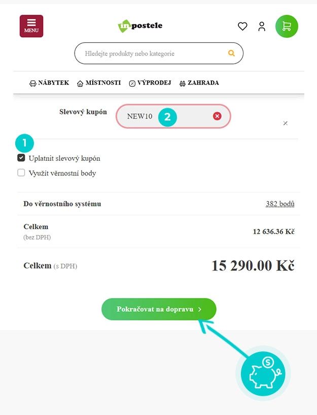 Návod jak uplatnit slevový kód v košíku e-shopu InPostele