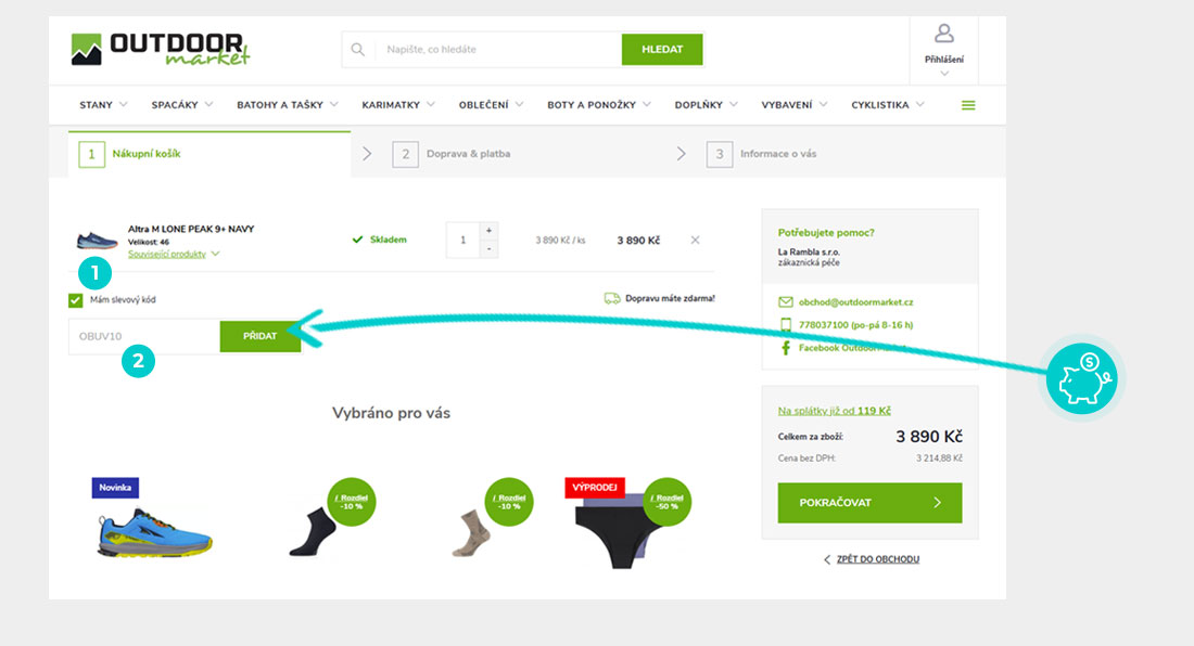 Návod jak uplatnit slevový kód v košíku e-shopu Outdoor market