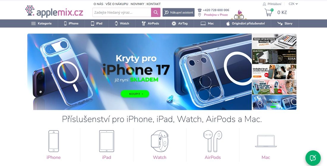 Homepage e-shopu AppleMix s modrým podkladem s mobily a dalšími produkty