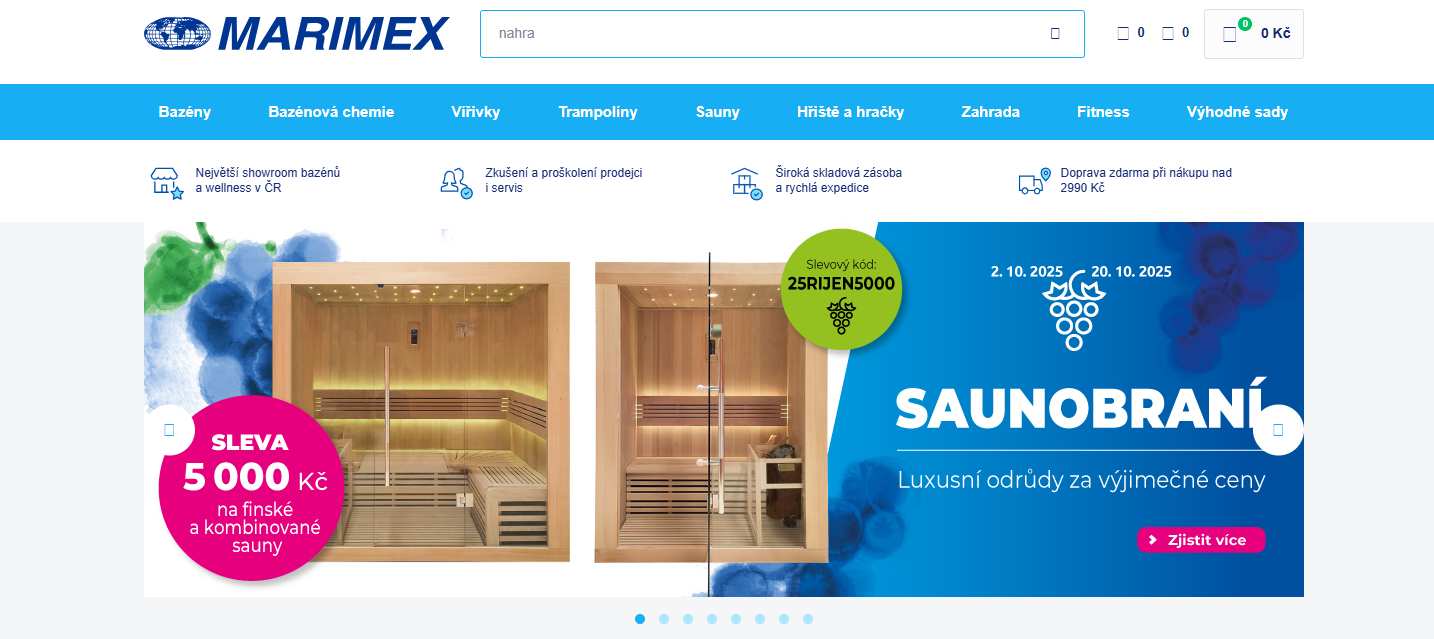 webové stránky e-shopu s nabídkou saun