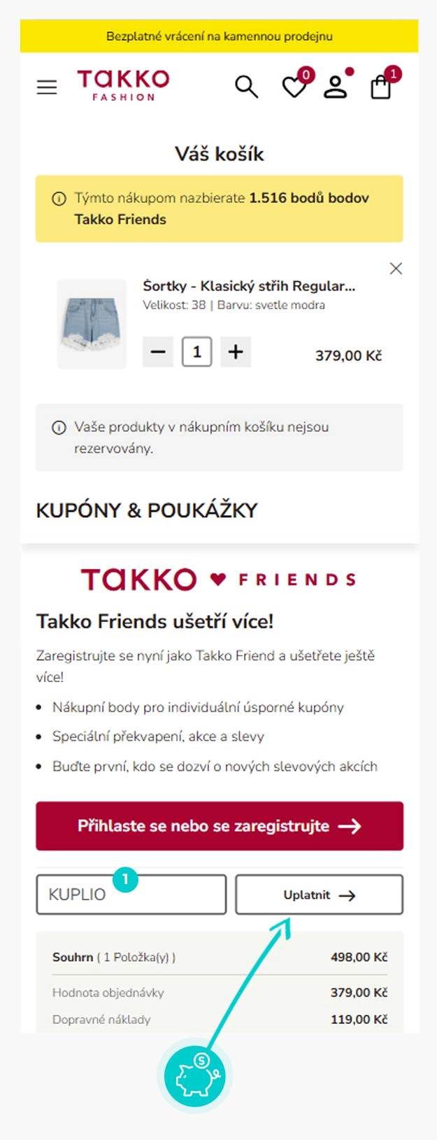 Návod jak uplatnit slevový kód v košíku e-shopu Takko