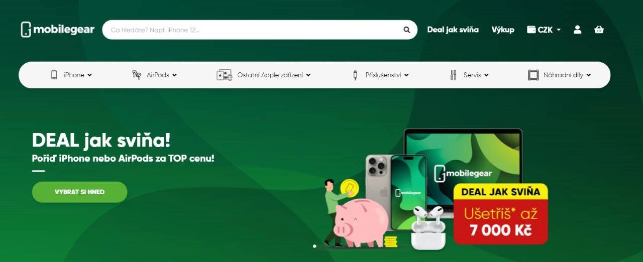 mobily, tablet, sluchátka a kreslené prasátko s člověkem házejícím korunu do něj