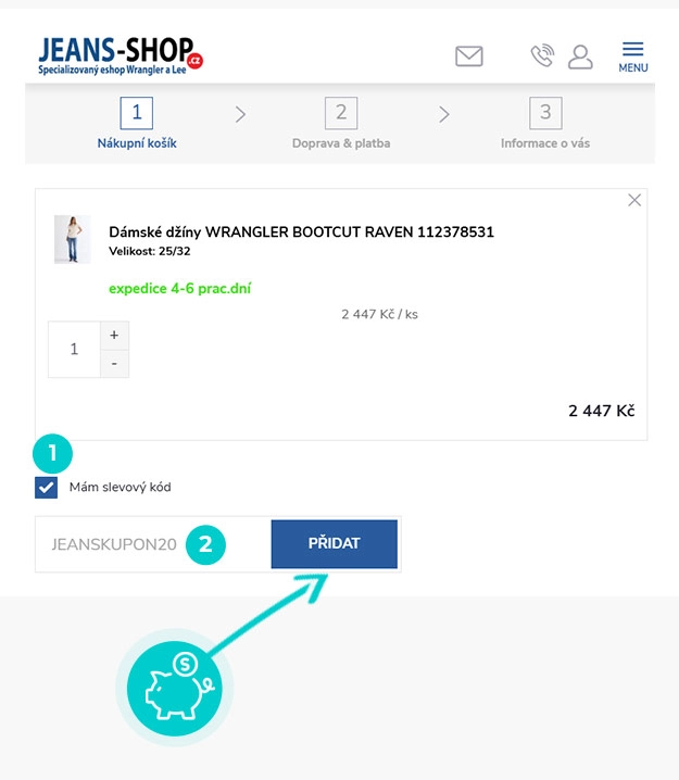 Návod jak uplatnit slevový kód v košíku e-shopu Jeans-shop.cz
