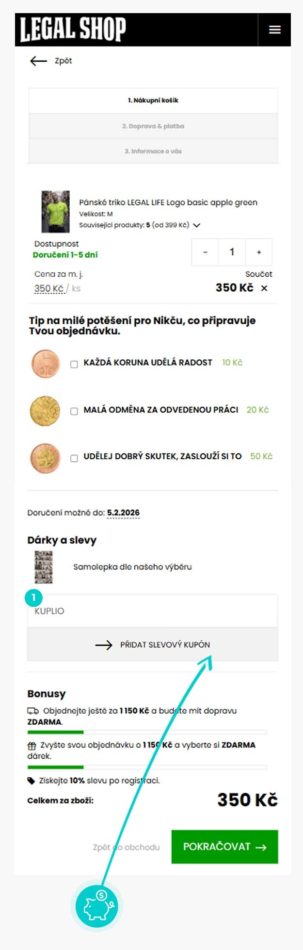 Návod jak uplatnit slevový kód v košíku e-shopu Legal Shop