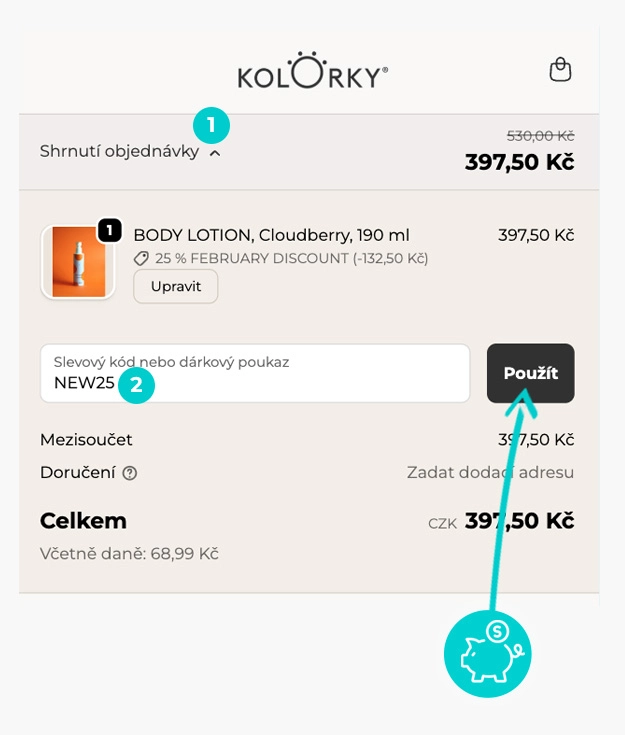 Návod jak uplatnit slevový kód v košíku e-shopu KOLORKY