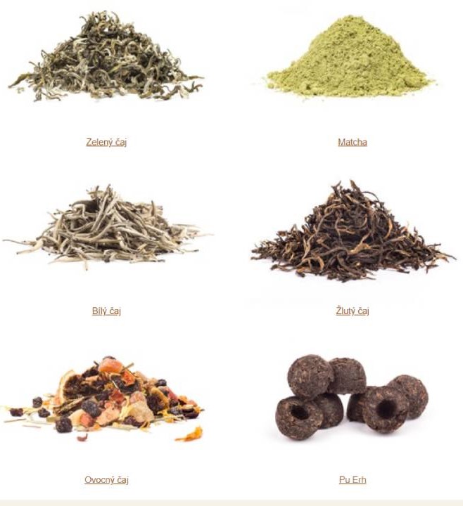 zelený čaj, matcha, bílý čaj, žlutý čaj, ovocný čaj a pu erh