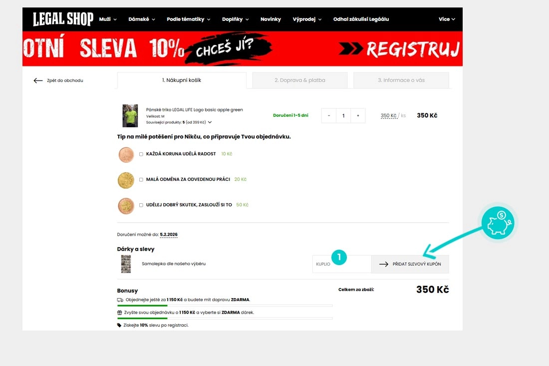 Návod jak uplatnit slevový kód v košíku e-shopu Legal Shop