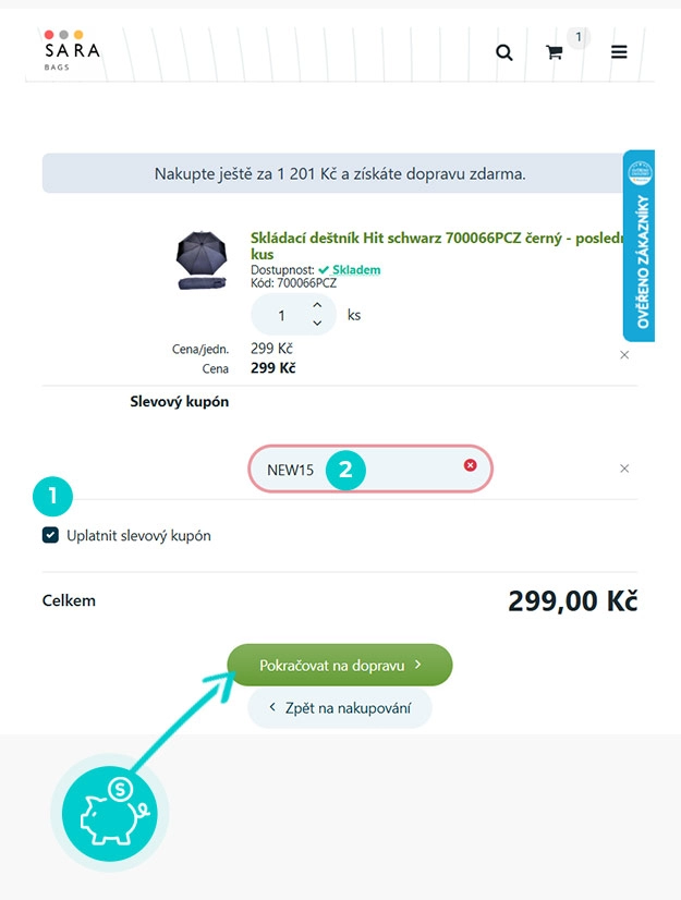 Návod jak uplatnit slevový kód v košíku e-shopu Kožené zboži Sára