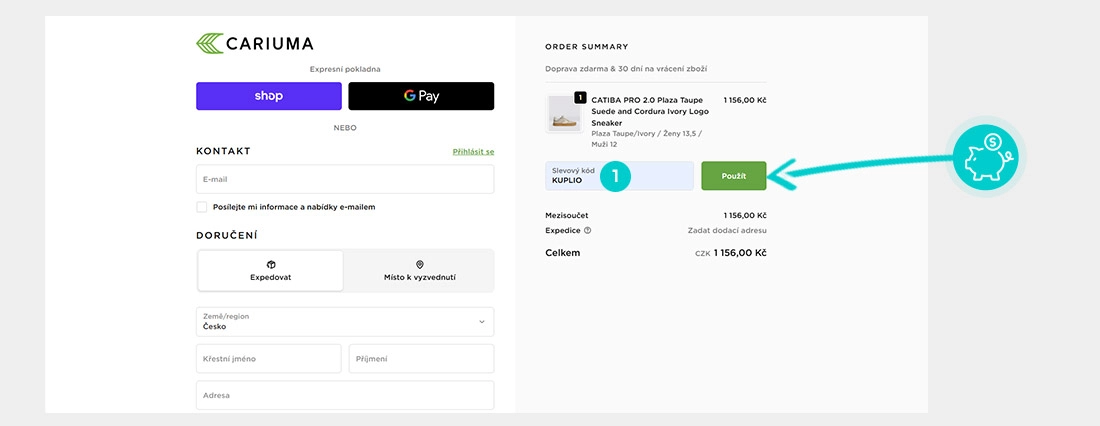 Návod jak uplatnit slevový kód v košíku e-shopu Cariuma
