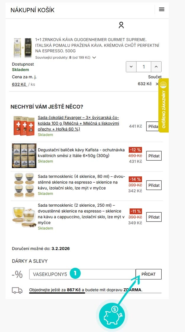 Návod jak uplatnit slevový kód v košíku e-shopu Kafista