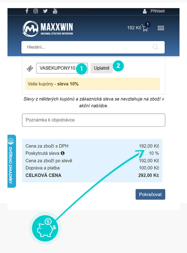 Návod jak uplatnit slevový kód v košíku e-shopu Maxxwin
