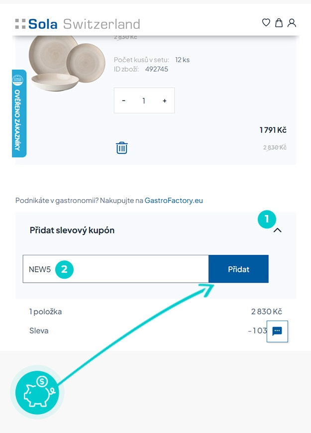 Návod jak uplatnit slevový kód v košíku e-shopu Sola Switzerland