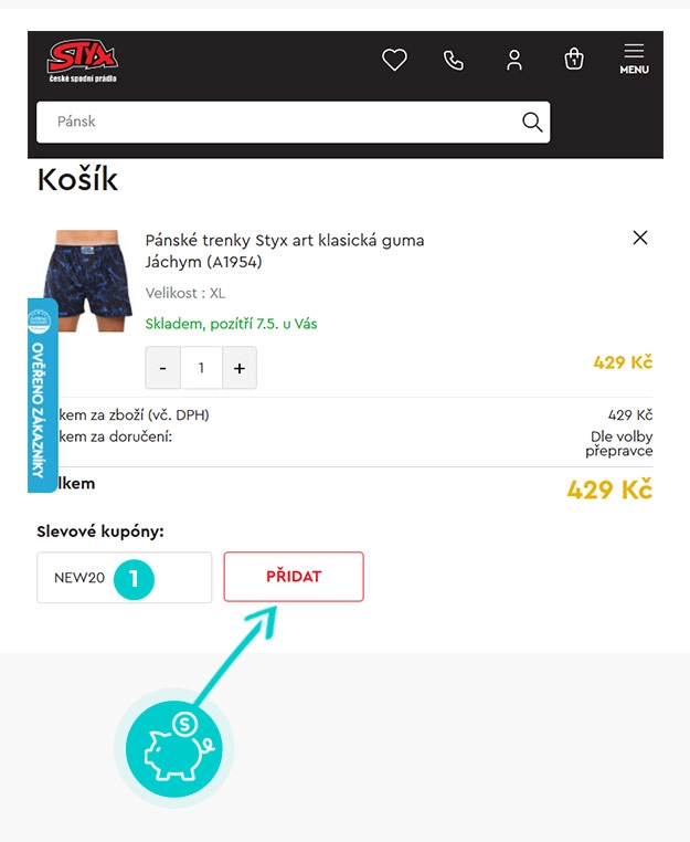 Návod jak uplatnit slevový kód v košíku e-shopu Styx-underwear