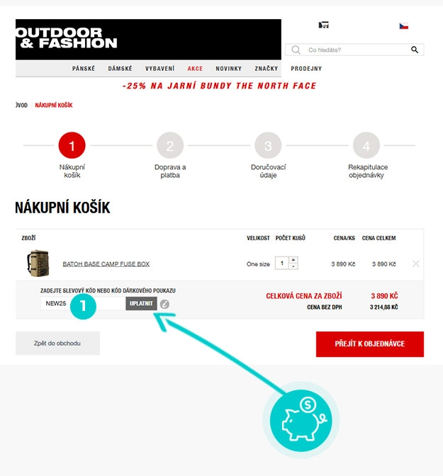 Návod jak uplatnit slevový kód v košíku e-shopu Outdoor-Fashion