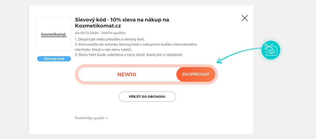 Návod jak zkopírovat slevový kód Kosmetikomat