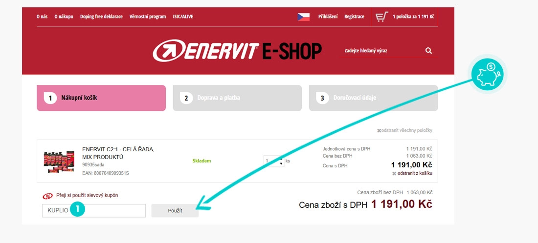 Návod jak uplatnit slevový kód v košíku e-shopu Enervit e-shop