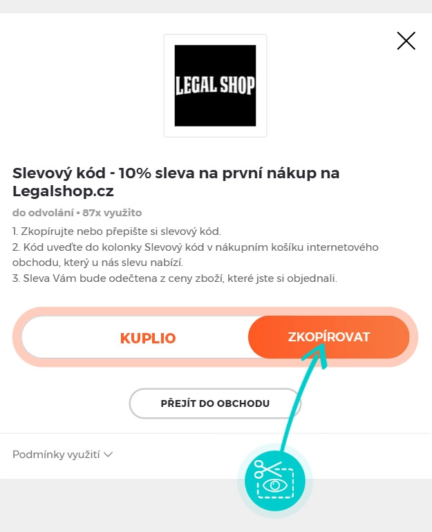 Návod jak zkopírovat slevový kód Legal Shop