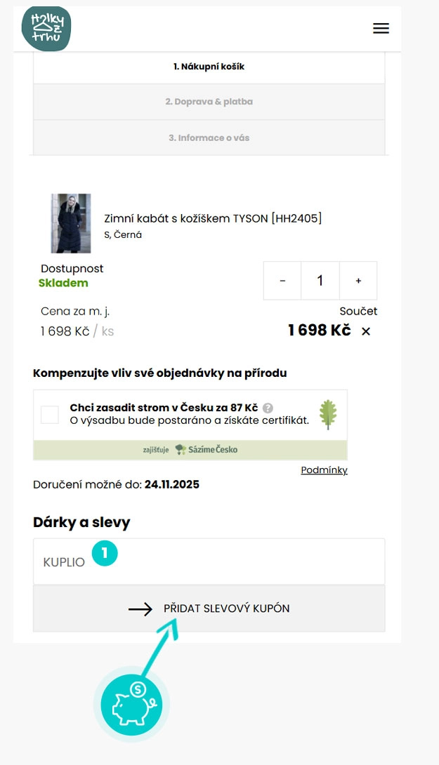 Návod jak uplatnit slevový kód v košíku e-shopu Holky z trhu