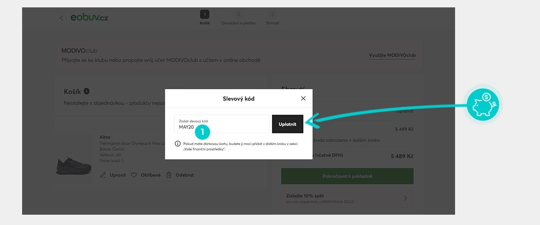 Návod jak uplatnit slevový kód v košíku e-shopu eobuv