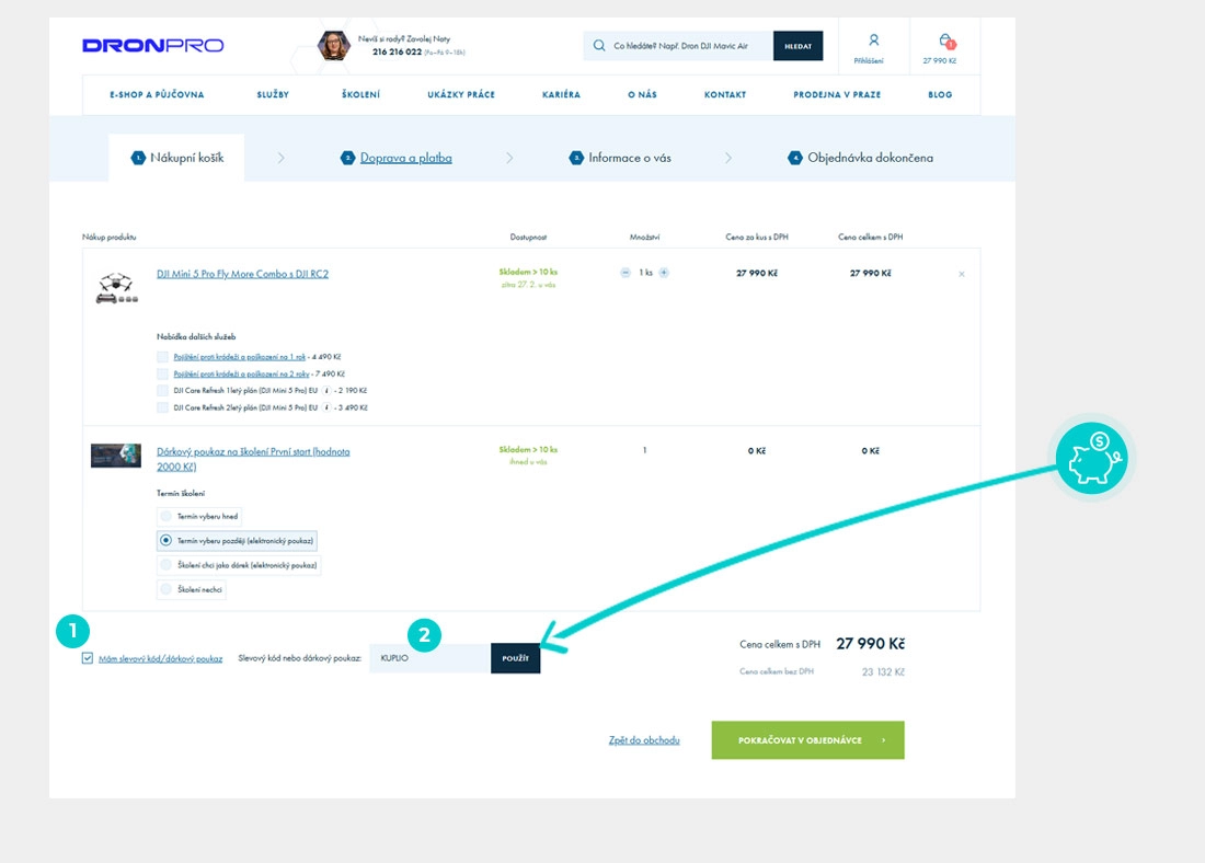 Návod jak uplatnit slevový kód v košíku e-shopu Dron Pro