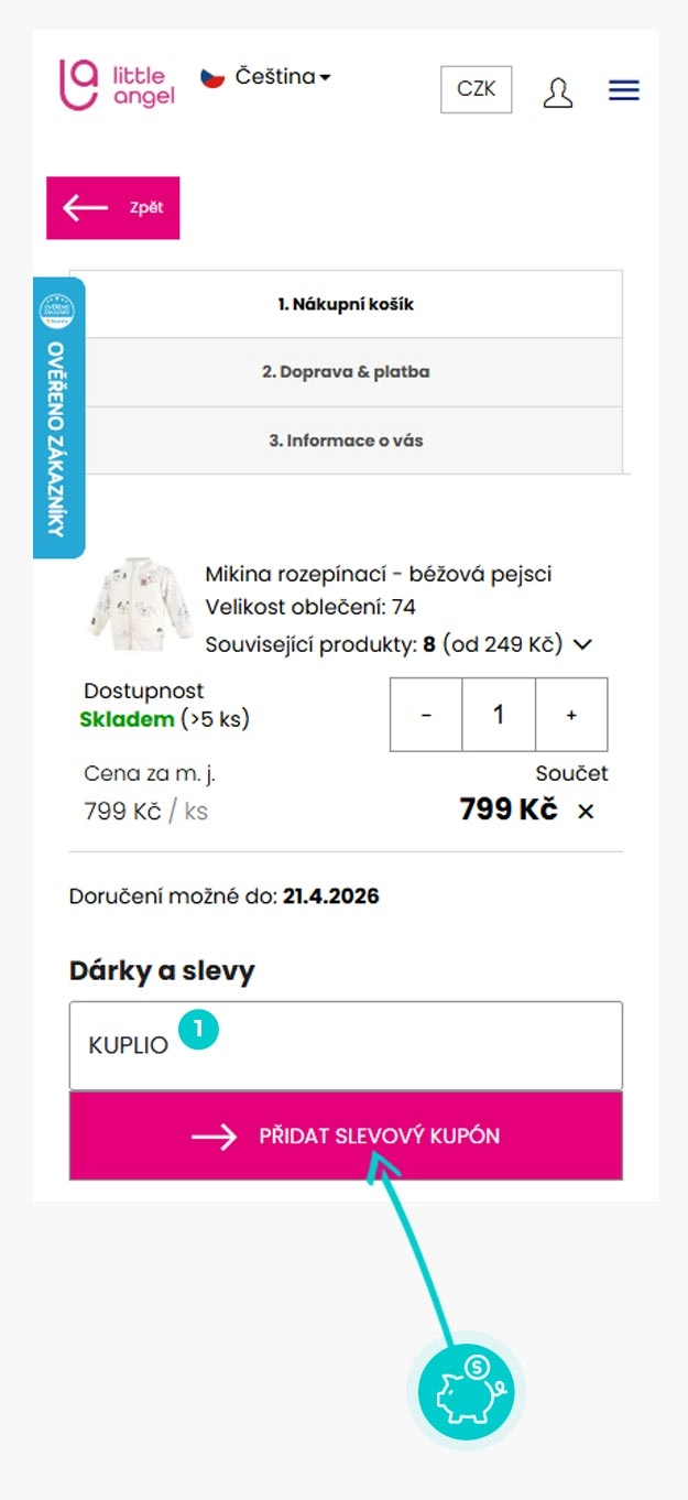 Návod jak uplatnit slevový kód v košíku e-shopu little angel