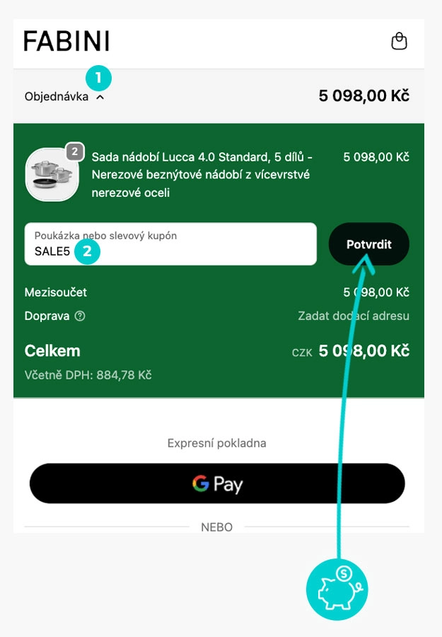 Návod jak uplatnit slevový kód v košíku e-shopu Fabini