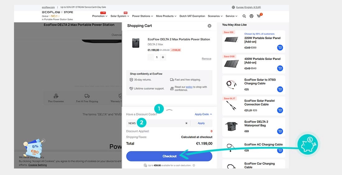 Návod jak uplatnit slevový kód v košíku e-shopu EcoFlow