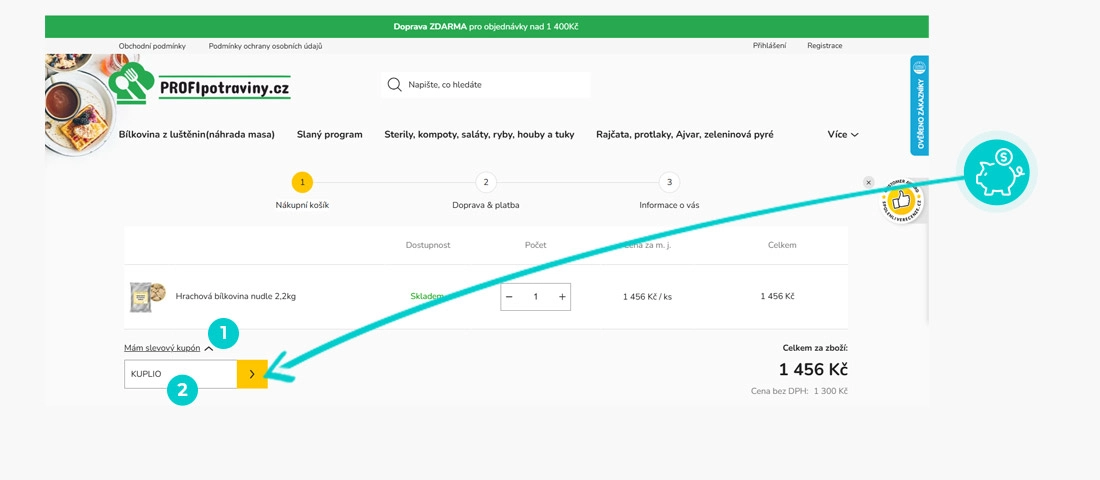 Návod jak uplatnit slevový kód v košíku e-shopu PROFIpotraviny.cz