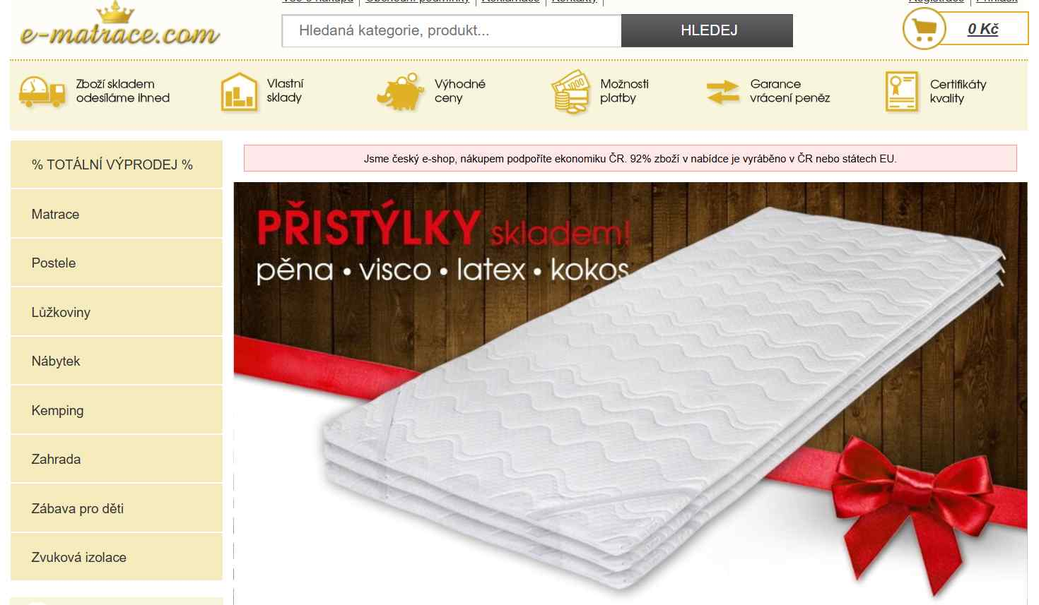 webové stránky e-shopu s nabídkou kategorií vlevo a obrázkem matrace