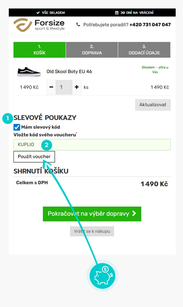 Návod jak uplatnit slevový kód v košíku e-shopu Forsize