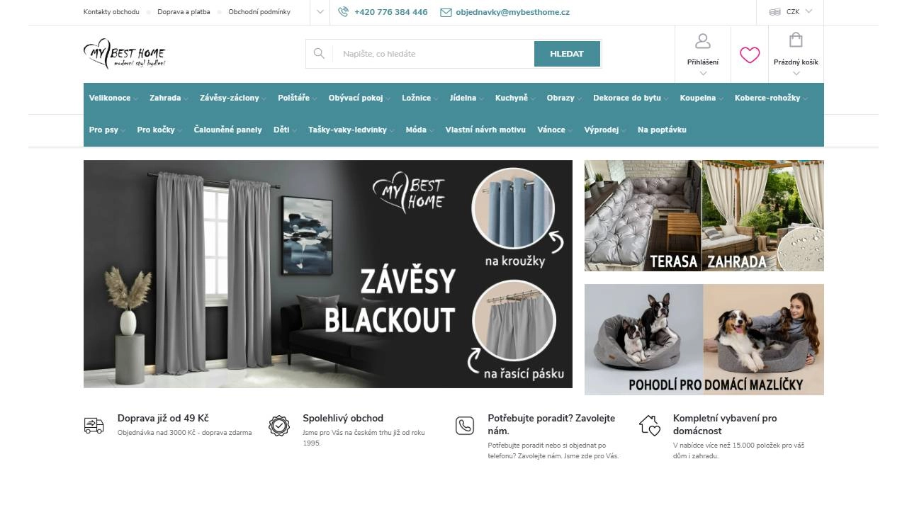 závěsy na okně v ložnici, doplňky na terasu a zahradu i domácí mazlíčky