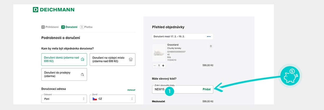 Návod jak uplatnit slevový kód v košíku e-shopu DEICHMANN