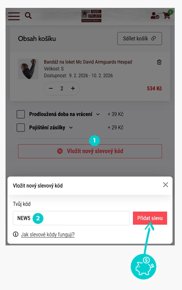 Návod jak uplatnit slevový kód v košíku e-shopu WePlayBasketball.cz
