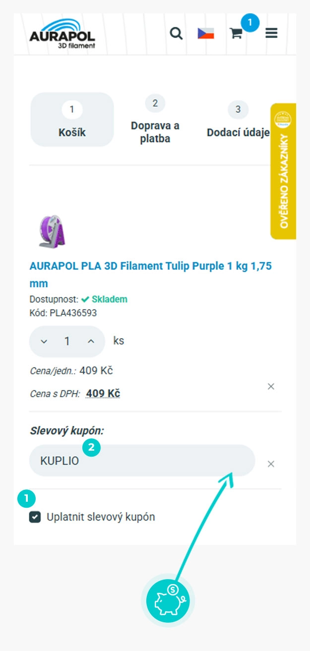 Návod jak uplatnit slevový kód v košíku e-shopu Aurapol