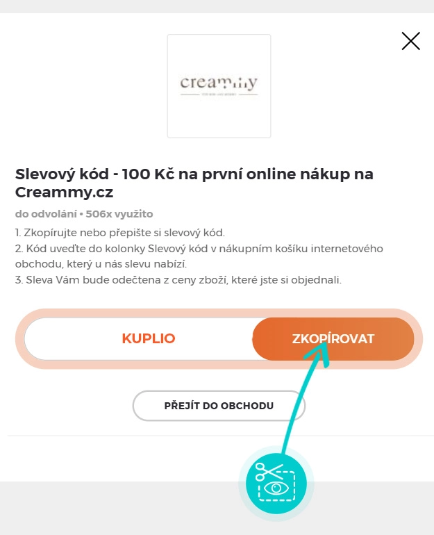 Návod jak zkopírovat slevový kód creammy