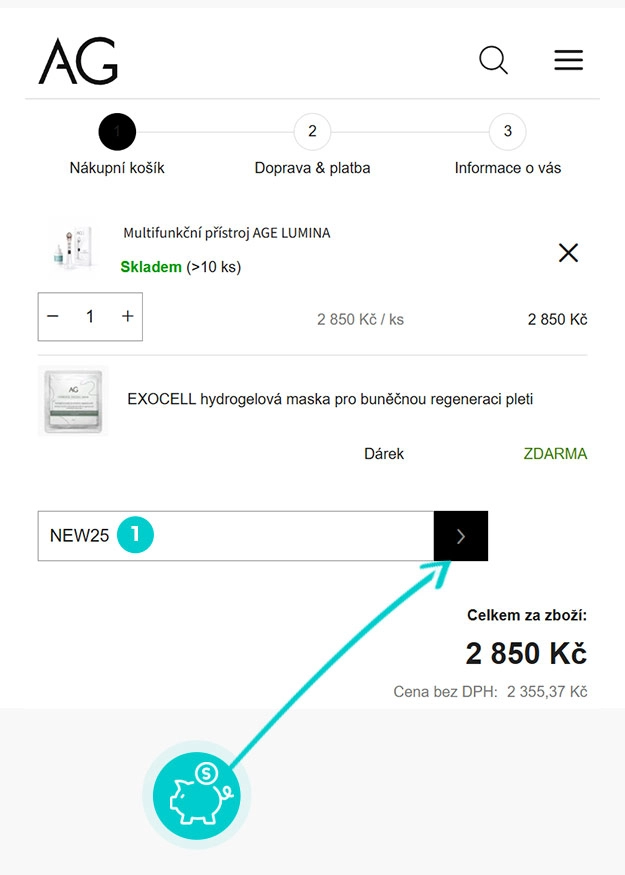 Návod jak uplatnit slevový kód v košíku e-shopu AG Beauty