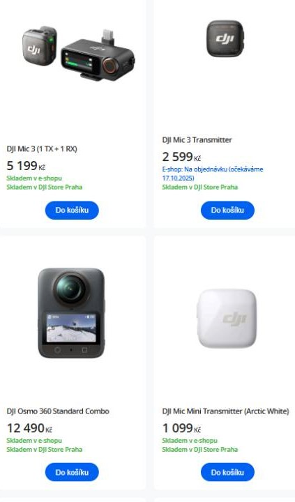 kamery DJI Mic 3, DJI Mic 3 Transmitter, DJI Osmo 360 a DJI Mic Mini Transmitter