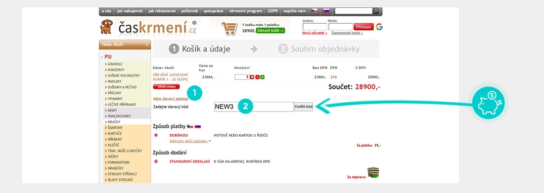 Návod jak uplatnit slevový kód v košíku e-shopu Časkrmení
