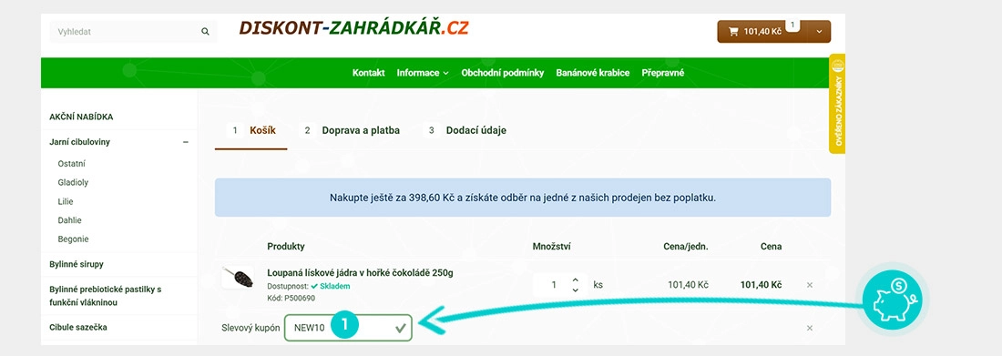 Návod jak uplatnit slevový kód v košíku e-shopu Diskont-zahrádkář