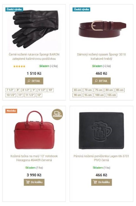 černé kožené rukavice, dámský kožený opasek, červená kožená taška a pánská kožená peněženka