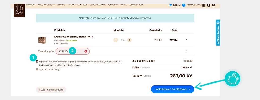 Návod jak uplatnit slevový kód v košíku e-shopu Natu