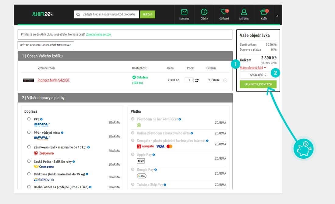 Návod jak uplatnit slevový kód v košíku e-shopu Ahifi