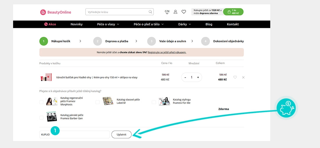 Návod jak uplatnit slevový kód v košíku e-shopu BeautyOnline