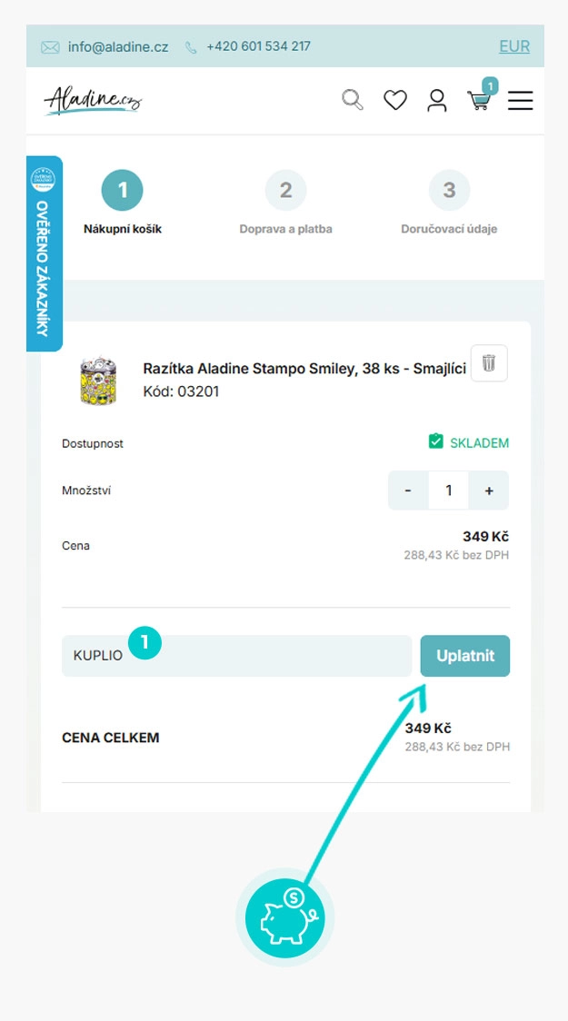 Návod jak uplatnit slevový kód v košíku e-shopu Aladine