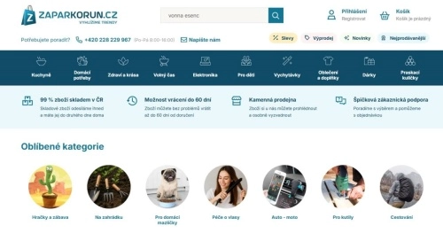 homepage a nabídka kategorií eshopu Zaparkorun.cz