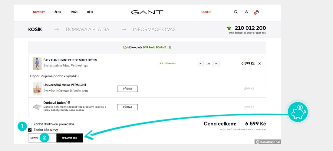 Návod jak uplatnit slevový kód v košíku e-shopu Gant